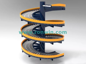 Sistema transportador de rodillos elevadores verticales en espiral por gravedad